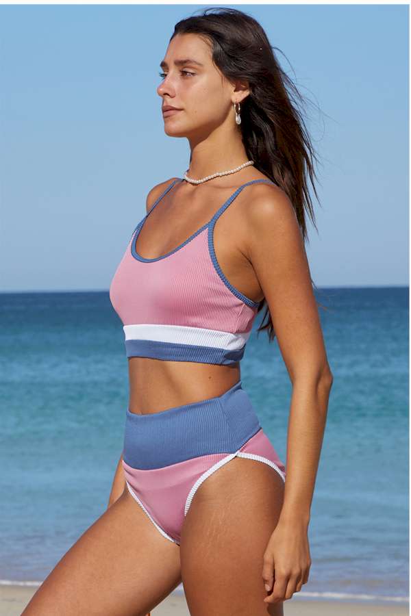 Pink Spaghetti Straps Colorblock Ribbed High Waisted Swimsuit