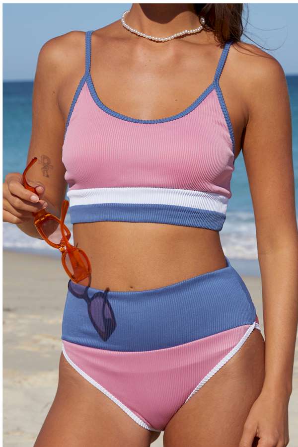 Pink Spaghetti Straps Colorblock Ribbed High Waisted Swimsuit