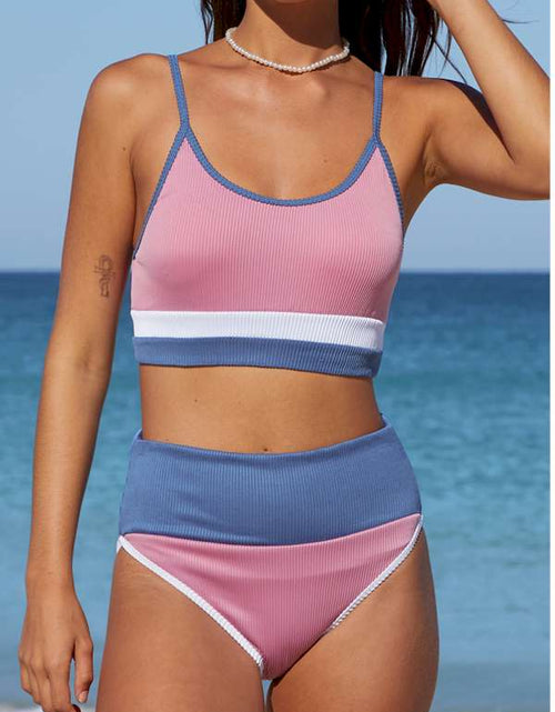 Load image into Gallery viewer, Pink Spaghetti Straps Colorblock Ribbed High Waisted Swimsuit
