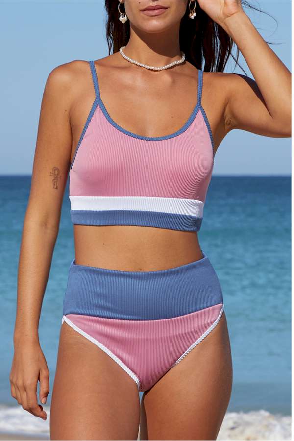 Pink Spaghetti Straps Colorblock Ribbed High Waisted Swimsuit