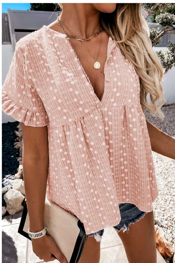 Pink Split V Neck Print Babydoll Top