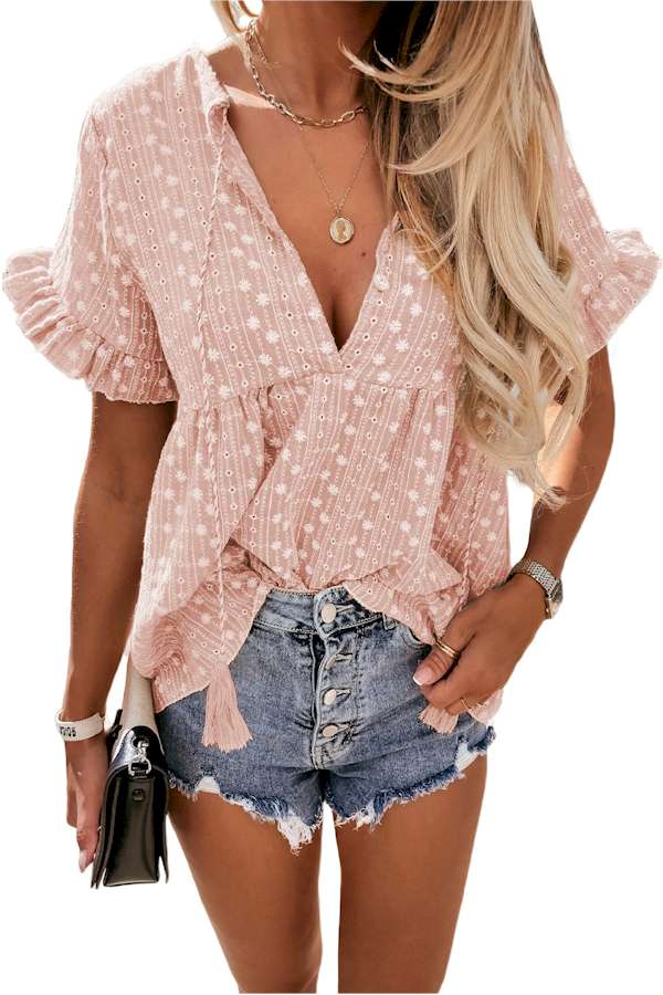 Pink Split V Neck Print Babydoll Top