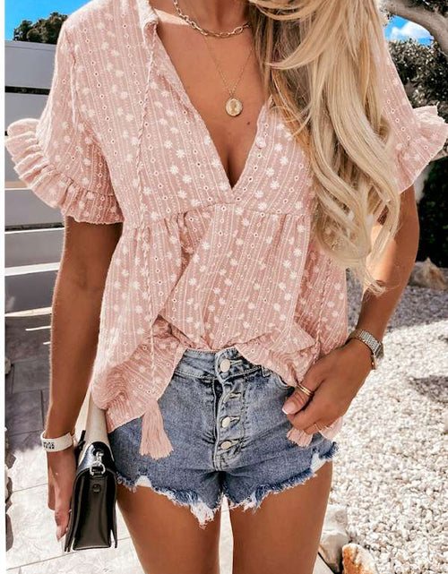 Load image into Gallery viewer, Pink Split V Neck Print Babydoll Top
