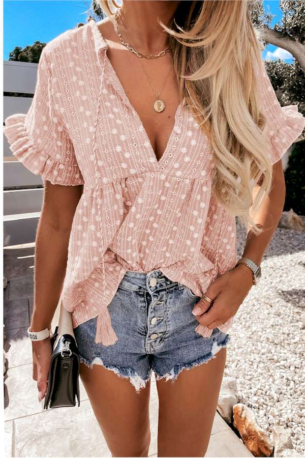 Pink Split V Neck Print Babydoll Top