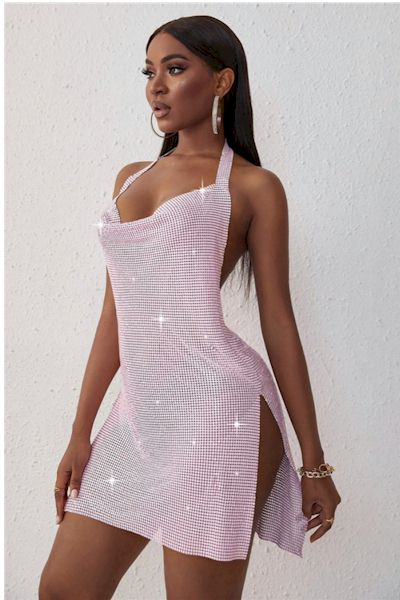 Load image into Gallery viewer, Halter Neck Slit Sexy Pink Mini Dress
