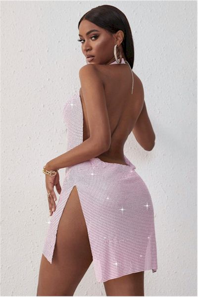 Pink Stylish Sequin Halter Neck Slit Sexy Mini Dress Back