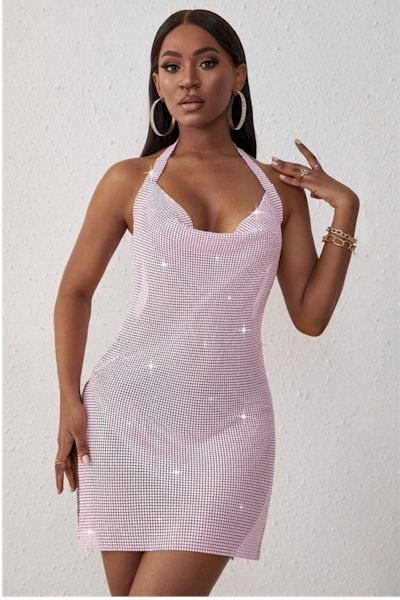 Load image into Gallery viewer, Pink Stylish Sequin Halter Neck Slit Sexy Mini Dress
