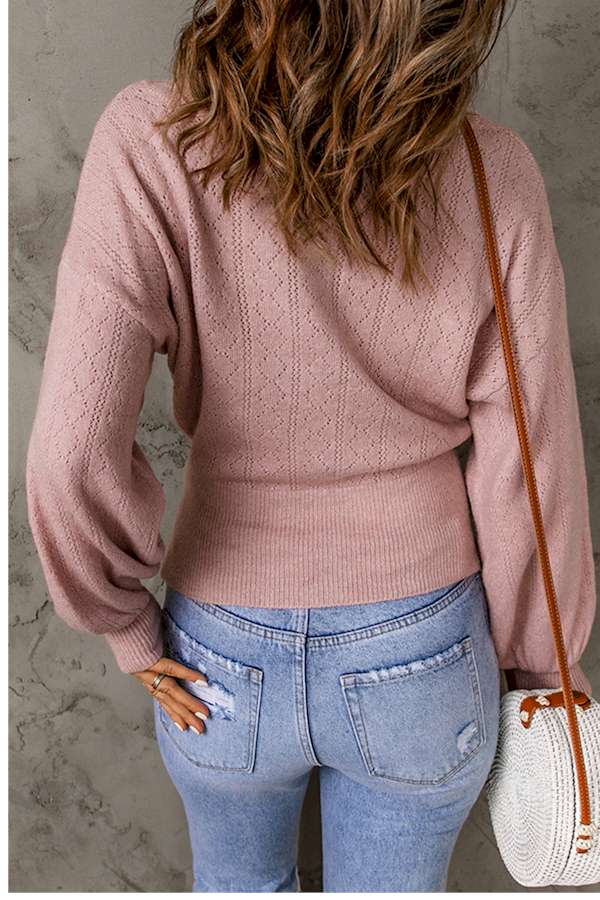 Pink V Neck Buttoned Bishop Sleeve Cardigan