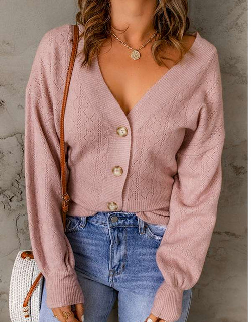 Load image into Gallery viewer, Pink V Neck Buttoned Bishop Sleeve Cardigan
