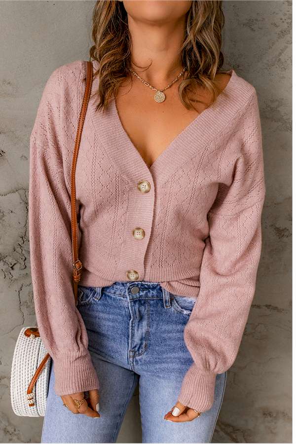 Pink V Neck Buttoned Bishop Sleeve Cardigan