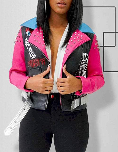 Load image into Gallery viewer, Studded Printed Lapel Fashionable Zipper PU Leather Short Jacket
