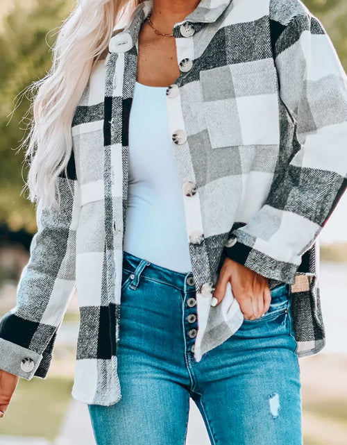 Load image into Gallery viewer, Plaid Color Block Buttoned Long Sleeve Jacket
