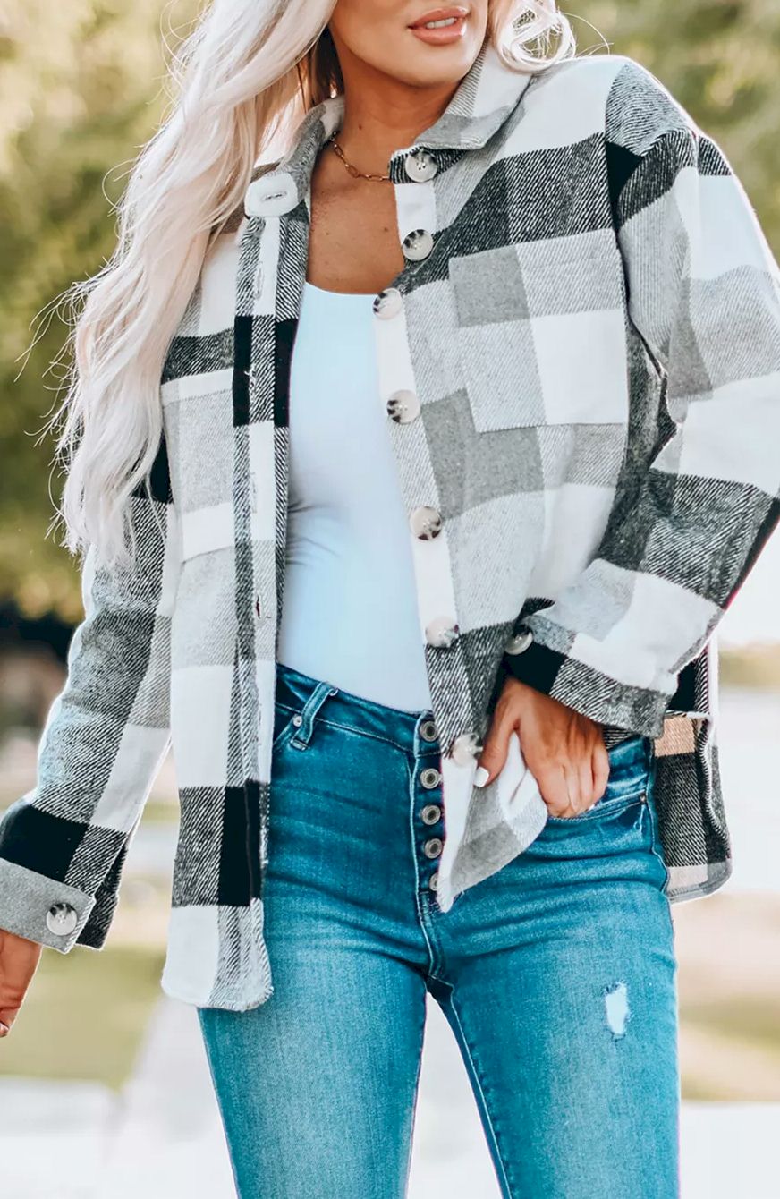 Plaid Color Block Buttoned Long Sleeve Jacket