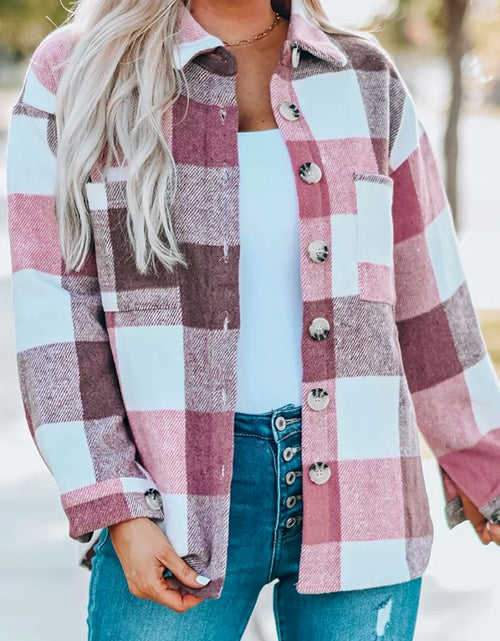 Load image into Gallery viewer, Plaid Color Block Buttoned Long Sleeve Jacket
