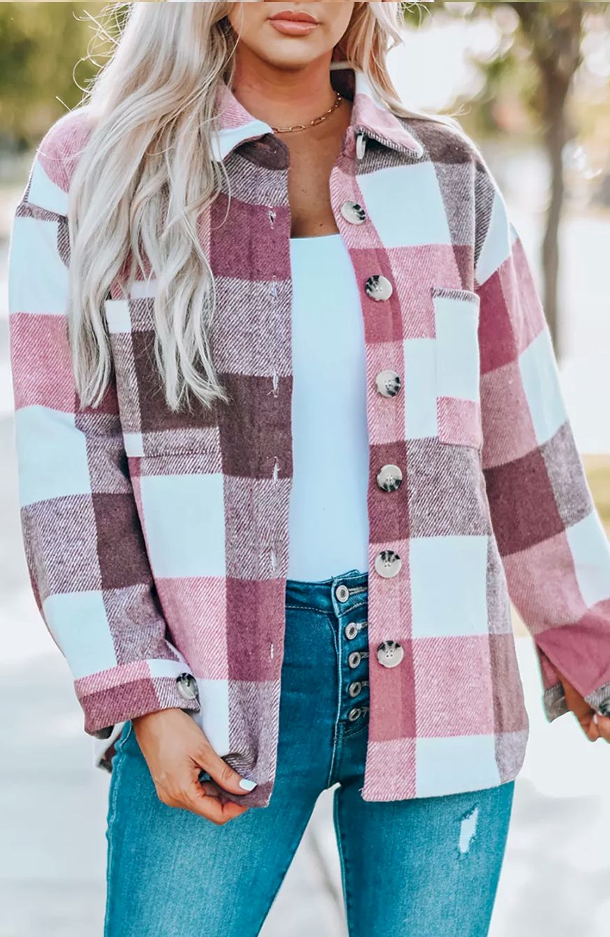 Plaid Color Block Buttoned Long Sleeve Jacket