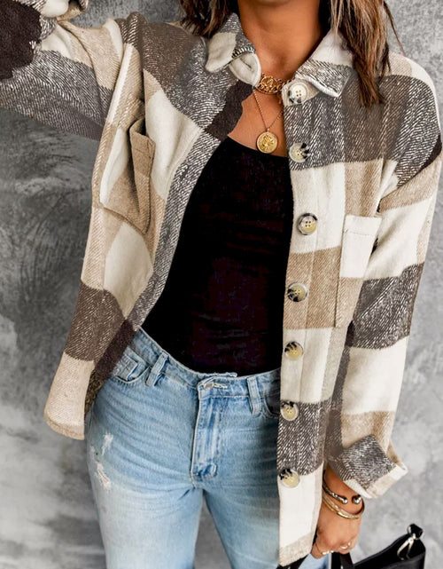 Load image into Gallery viewer, Plaid Color Block Buttoned Long Sleeve Jacket
