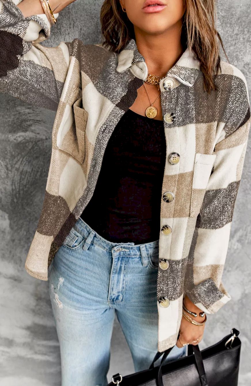 Plaid Color Block Buttoned Long Sleeve Jacket