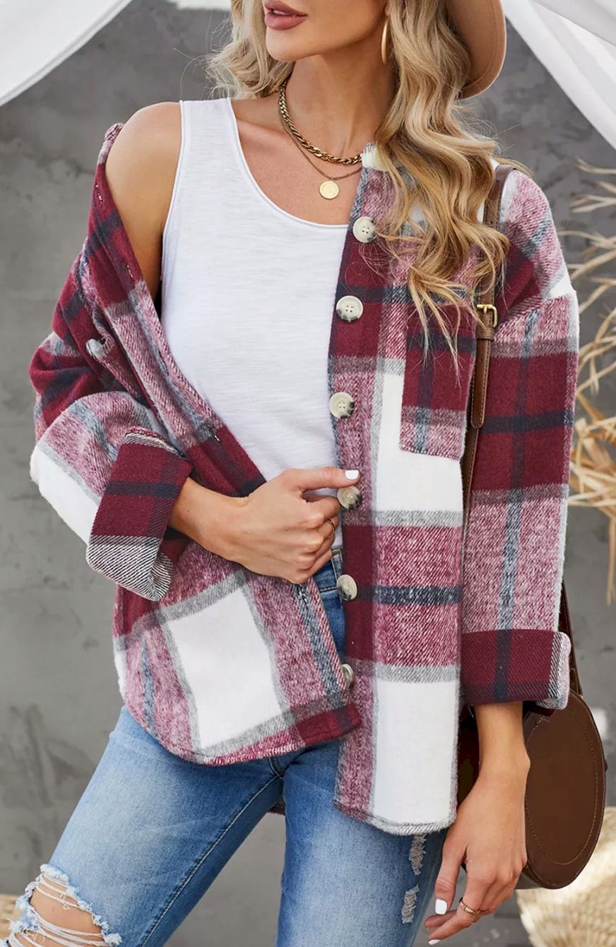 Plaid Color Block Buttoned Long Sleeve Jacket