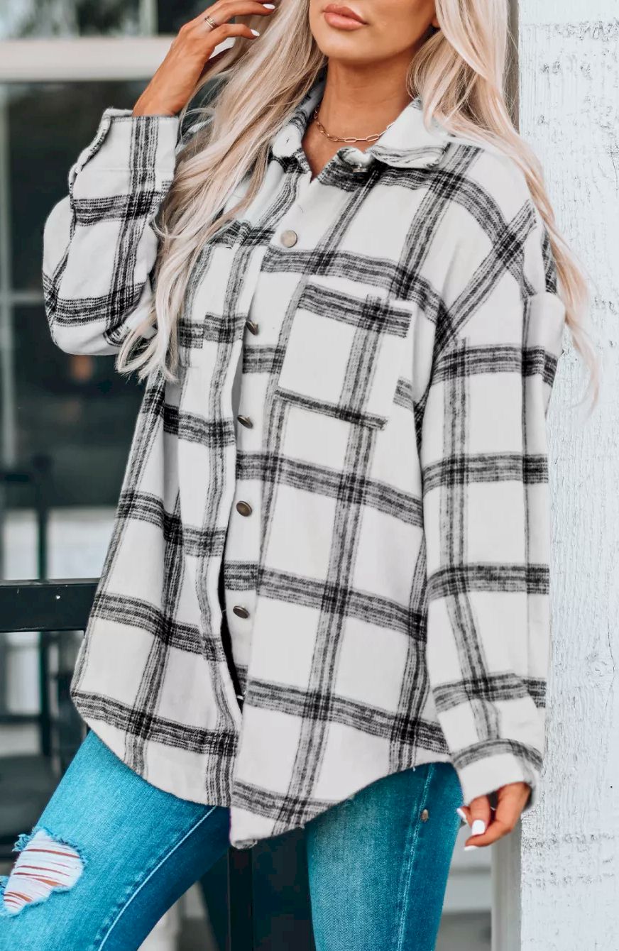 Plaid Pattern Buttoned Shirt Coat with Slits