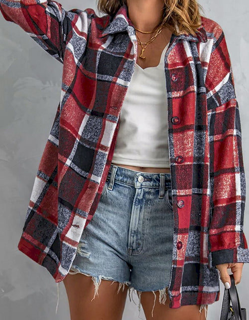 Load image into Gallery viewer, Plaid Print Buttoned Shirt Jacket
