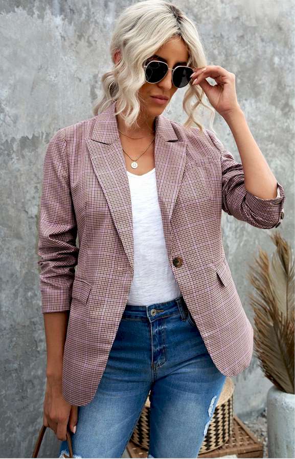 Plaid Print Lapel Collar Button Blazer