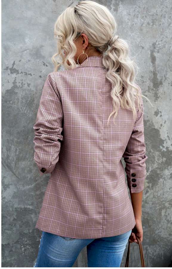 Plaid Print Lapel Collar Button Blazer