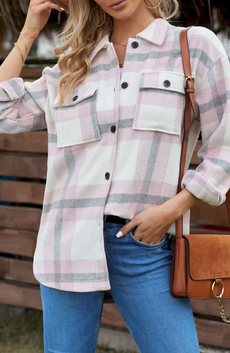 Plaid Print Pocket Women Shacket