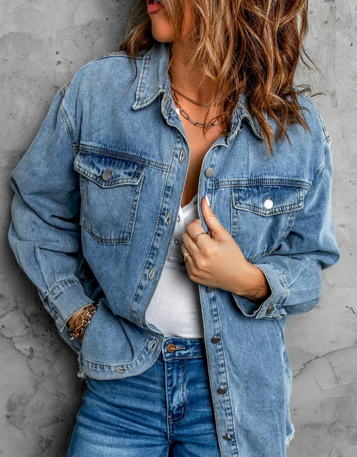 Load image into Gallery viewer, Pocket Raw Hem Buttoned Denim Jacket
