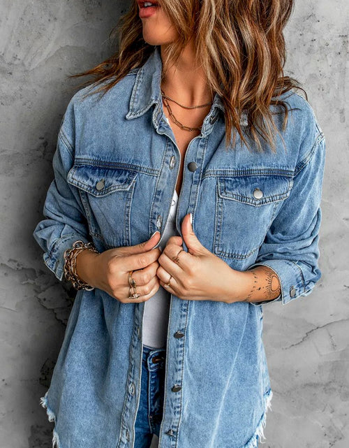 Load image into Gallery viewer, Pocket Raw Hem Buttoned Denim Jacket
