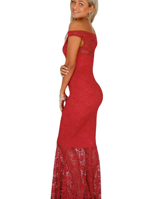 Load image into Gallery viewer, Red Bardot Lace Fishtail Maxi Dress
