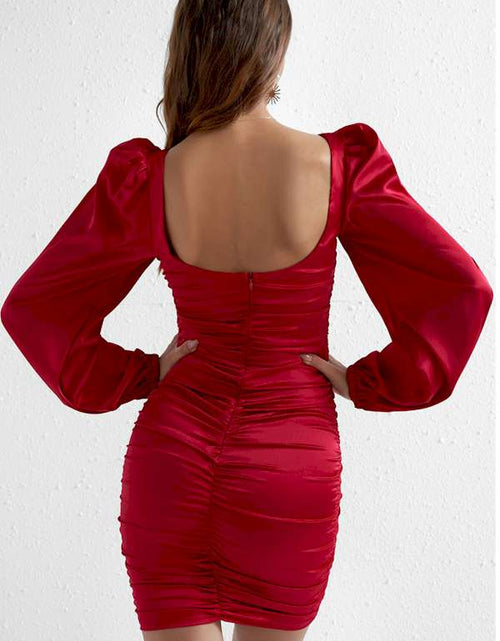 Load image into Gallery viewer, Red Bubble Sleeve Square Neck Ruched Mini Dress
