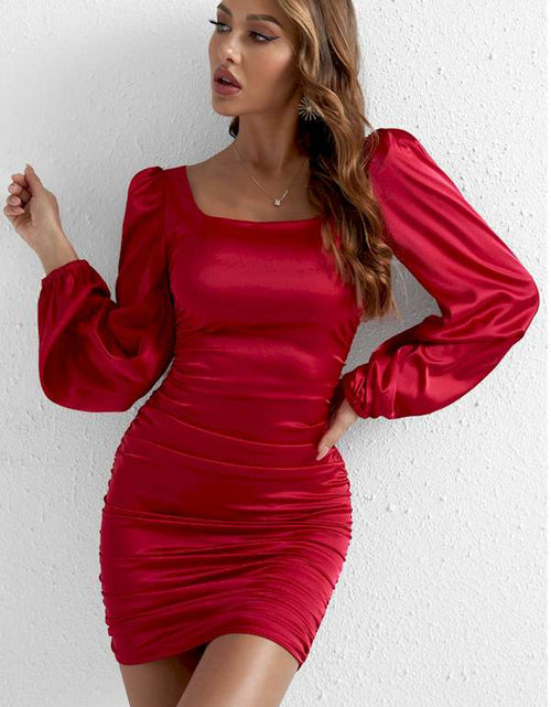 Load image into Gallery viewer, Red Bubble Sleeve Square Neck Ruched Mini Dress
