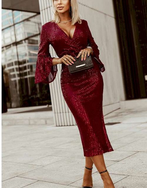 Load image into Gallery viewer, Look Fabulous in this Red Deep V Neck Sequined Dress
