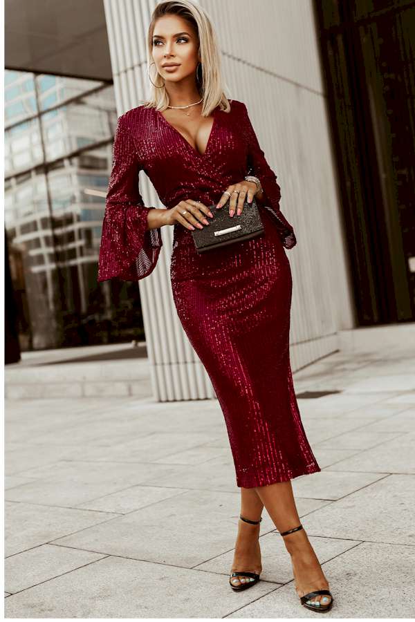 Look Fabulous in this Red Deep V Neck Sequined Dress