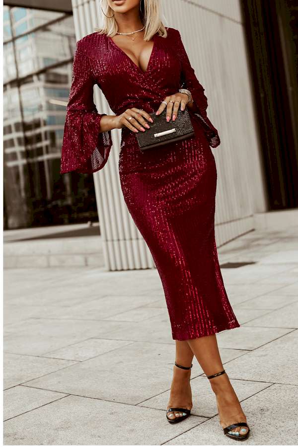 Look Fabulous in this Red Deep V Neck Sequined Dress