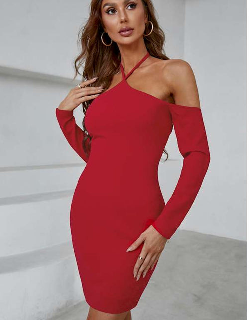 Load image into Gallery viewer, Black Halter Neck Off Shoulder Bodycon Mini Dress
