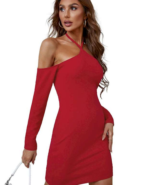 Load image into Gallery viewer, Black Halter Neck Off Shoulder Bodycon Mini Dress
