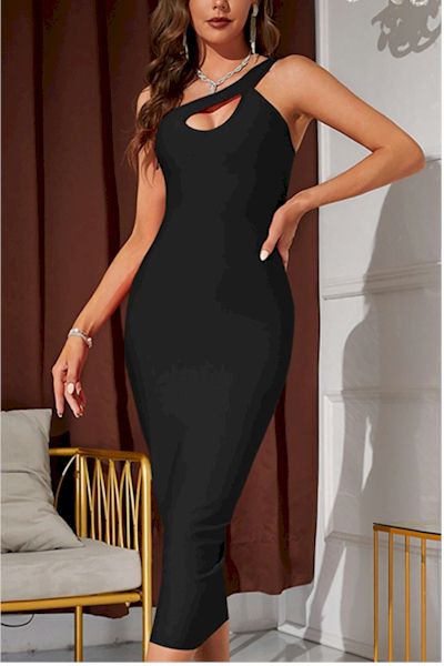 Black High Stretch Zip-Up Bodycon Midi Dress