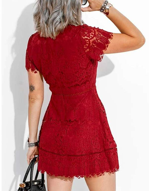 Load image into Gallery viewer, Look Chic Red Lace Crochet High Waist Mini Dress
