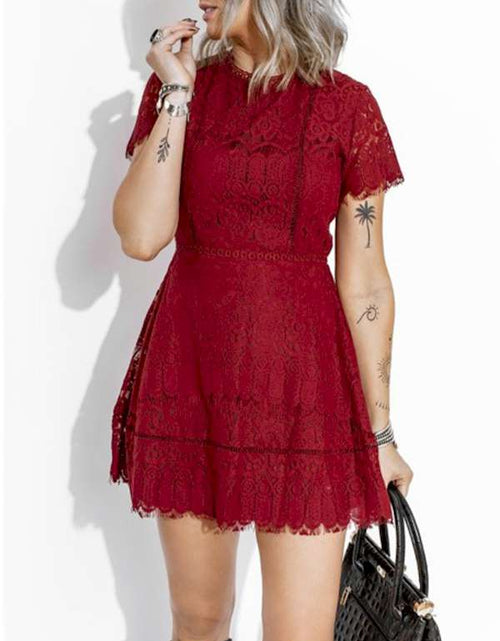 Load image into Gallery viewer, Look Chic Red Lace Crochet High Waist Mini Dress
