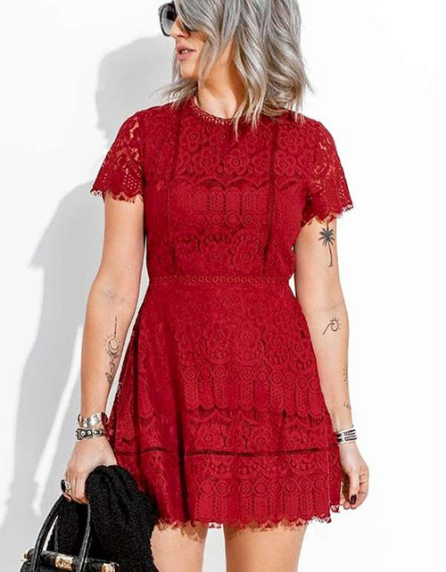 Load image into Gallery viewer, Look Chic Red Lace Crochet High Waist Mini Dress
