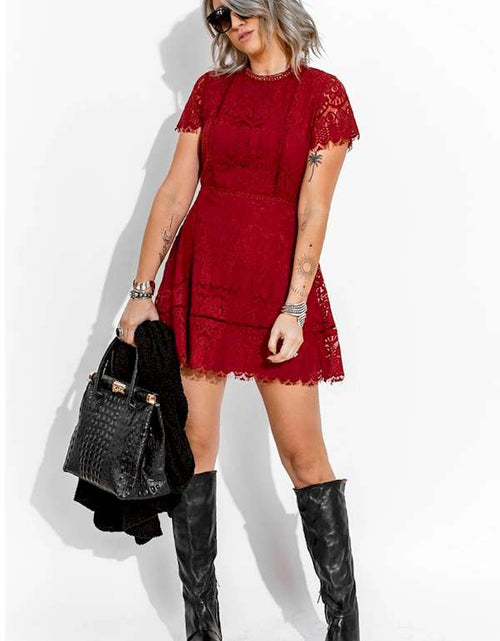 Load image into Gallery viewer, Look Chic Red Lace Crochet High Waist Mini Dress
