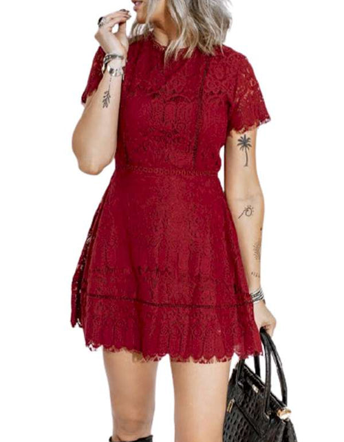 Load image into Gallery viewer, Look Chic Red Lace Crochet High Waist Mini Dress
