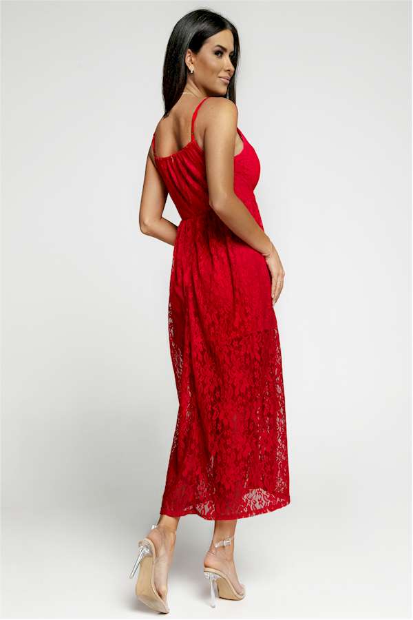 Effortless Elegance Red Lace V Neck Maxi Dress