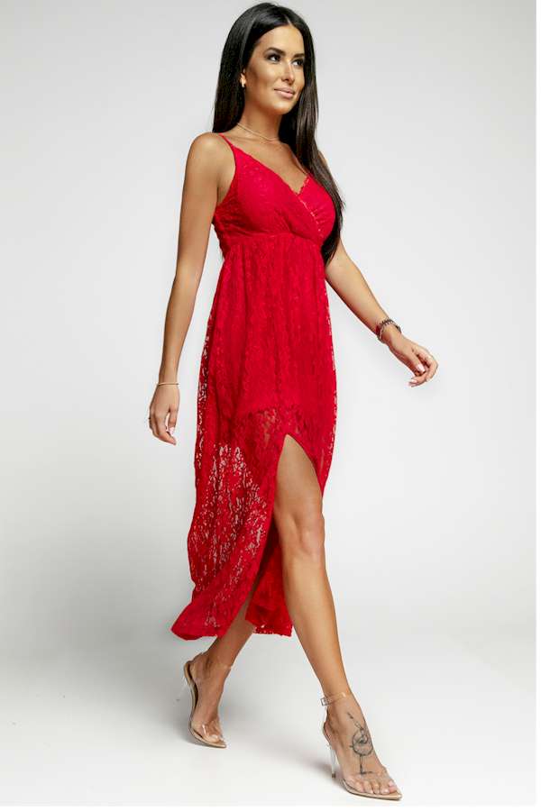 Effortless Elegance Red Lace V Neck Maxi Dress