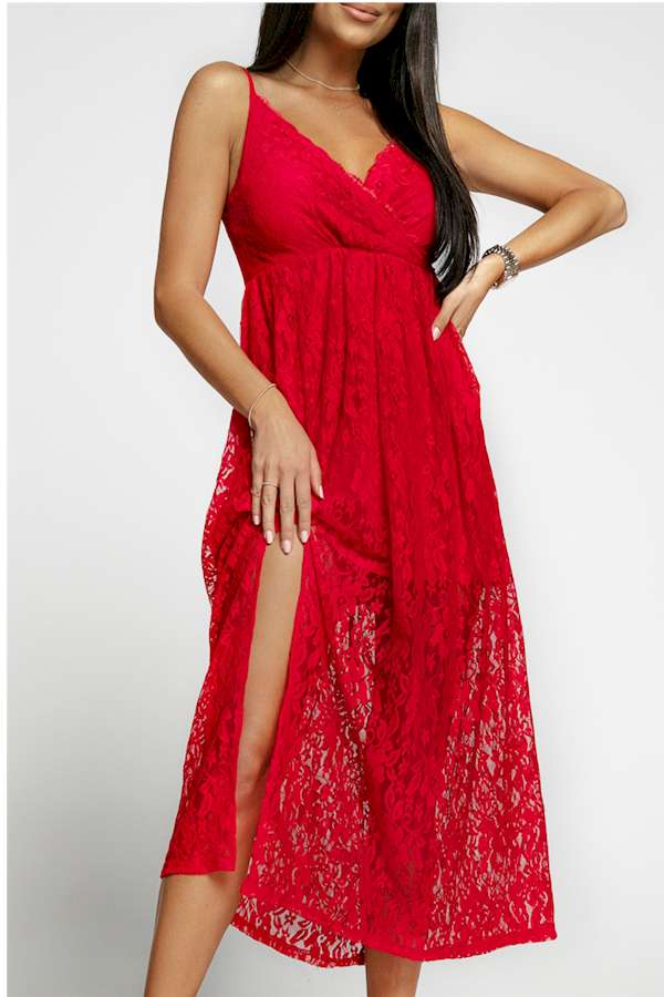 Effortless Elegance Red Lace V Neck Maxi Dress