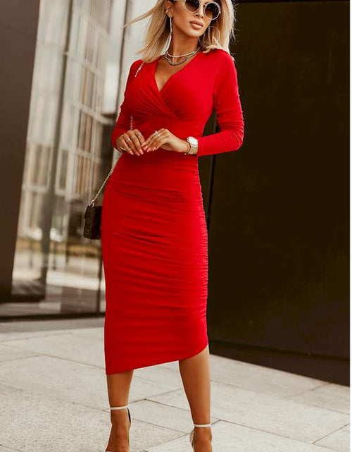 Load image into Gallery viewer, Red Long Sleeves Wrap V Neck Ruched Midi Dress
