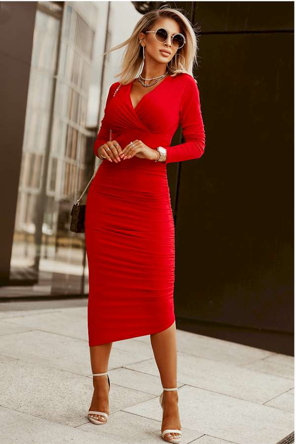 Red Long Sleeves Wrap V Neck Ruched Midi Dress