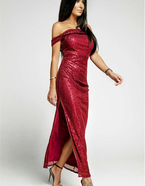 Load image into Gallery viewer, Mesmerizing  Off Shoulder Side Slit Red Bodycon Sequined Dress
