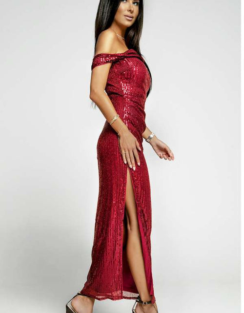 Load image into Gallery viewer, Mesmerizing  Off Shoulder Side Slit Red Bodycon Sequined Dress
